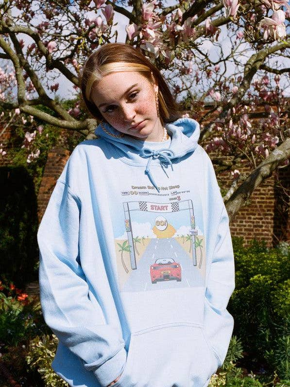 Hoodie In Light Blue With Drive In To The Sunset Print for wholesale by Dream But Do Not Sleep