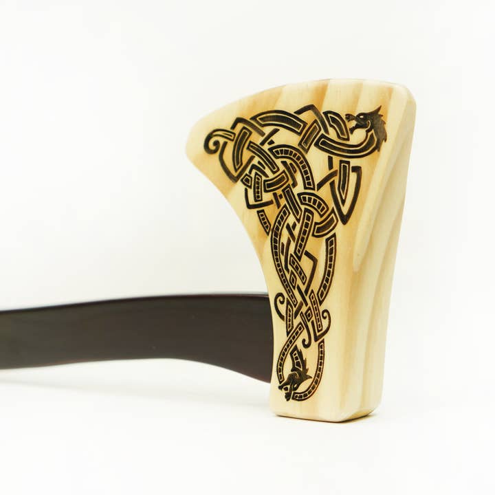 Backwoods Provisions - Wholesale Wood Toy - Kids - Wooden Play Axe with Norse Motif Engraving and Leather Wrap2