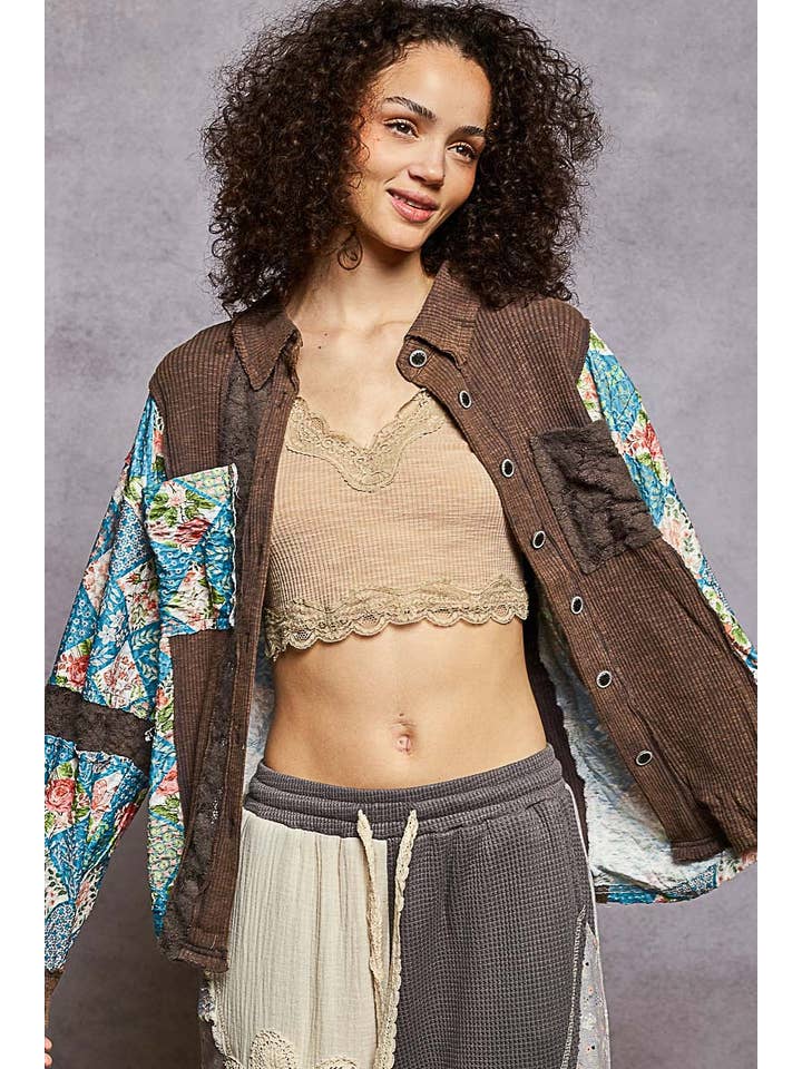 Pol Clothing - Wholesale Shirt Jacket/Shacket - Women's - Oversized floral contrast front pockets shirt SALE0