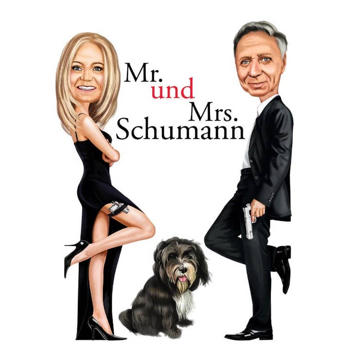 MR AND MRS SMITH WITH DOG for wholesale by Caricature4You