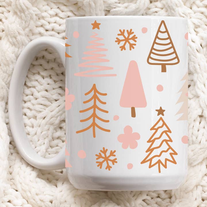 Pink Boho Christmas Trees Ceramic Mug for wholesale by Nearly June Design Co