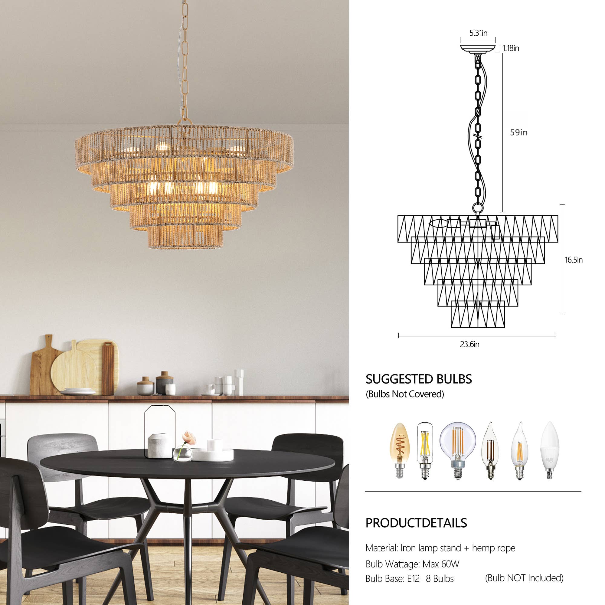 Wood Bohemian Woven 5-Tier Large Rattan Pendant Light for wholesale on Faire5