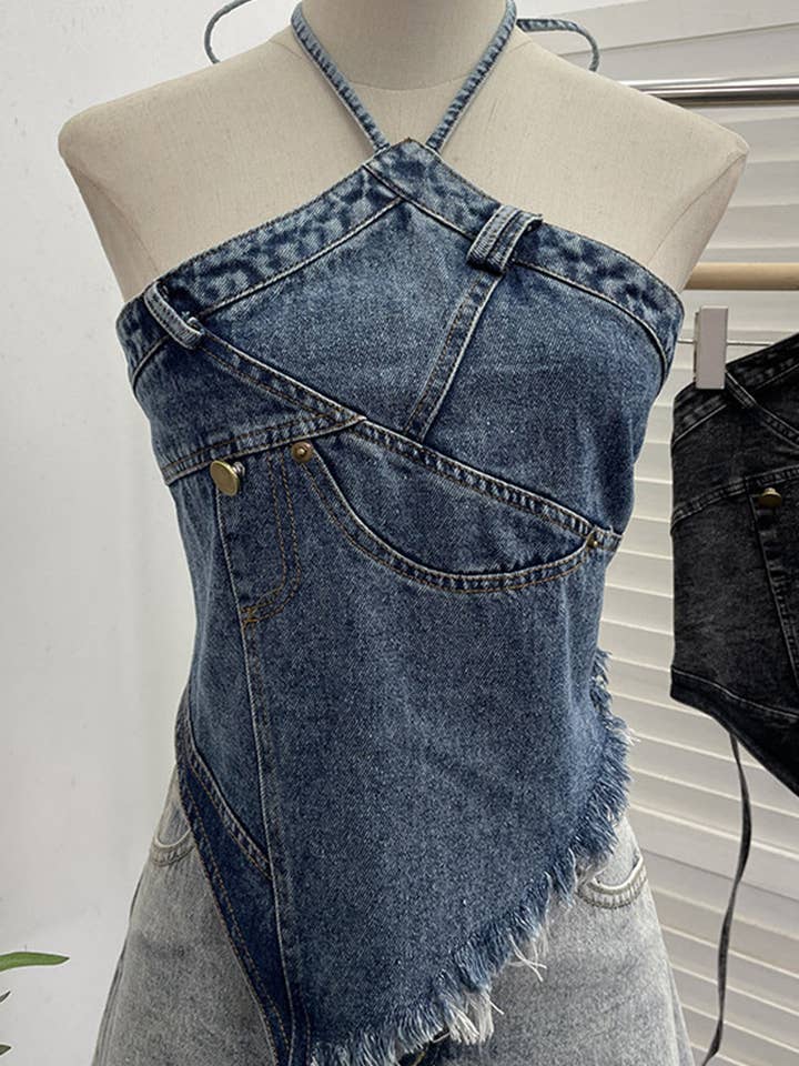 Mccolin - Wholesale Blouse - Women's - Frayed Hem Denim Halter Top4