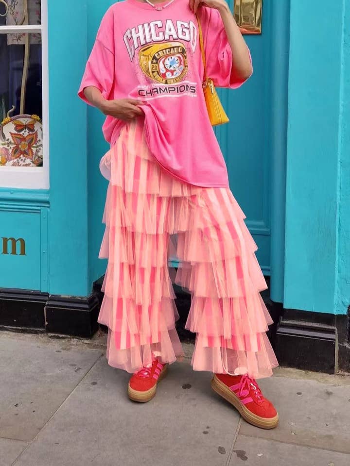 Fashion Vertical Stripes Stitching Layered Mesh Pants for wholesale by Rosa Clothing