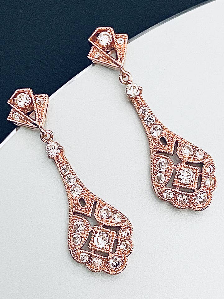 FRANCES - Round CZ Art Deco Style Drop Earrings In Rose Gold for wholesale by JohnnyB Jewelry