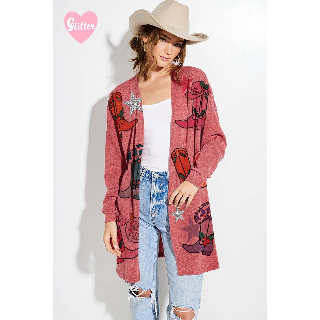 Phil Love - Wholesale Cardigan - Women's - Christmas Cowgirl boots Glitter Knit Cardigan6