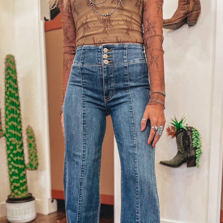 Sail Blue High Waist Button Fly Seamed Raw Hem Flare Jeans and other Purchase Wholesale jeans button. Free Returns & Net 60 Terms on Faire trending on Faire.