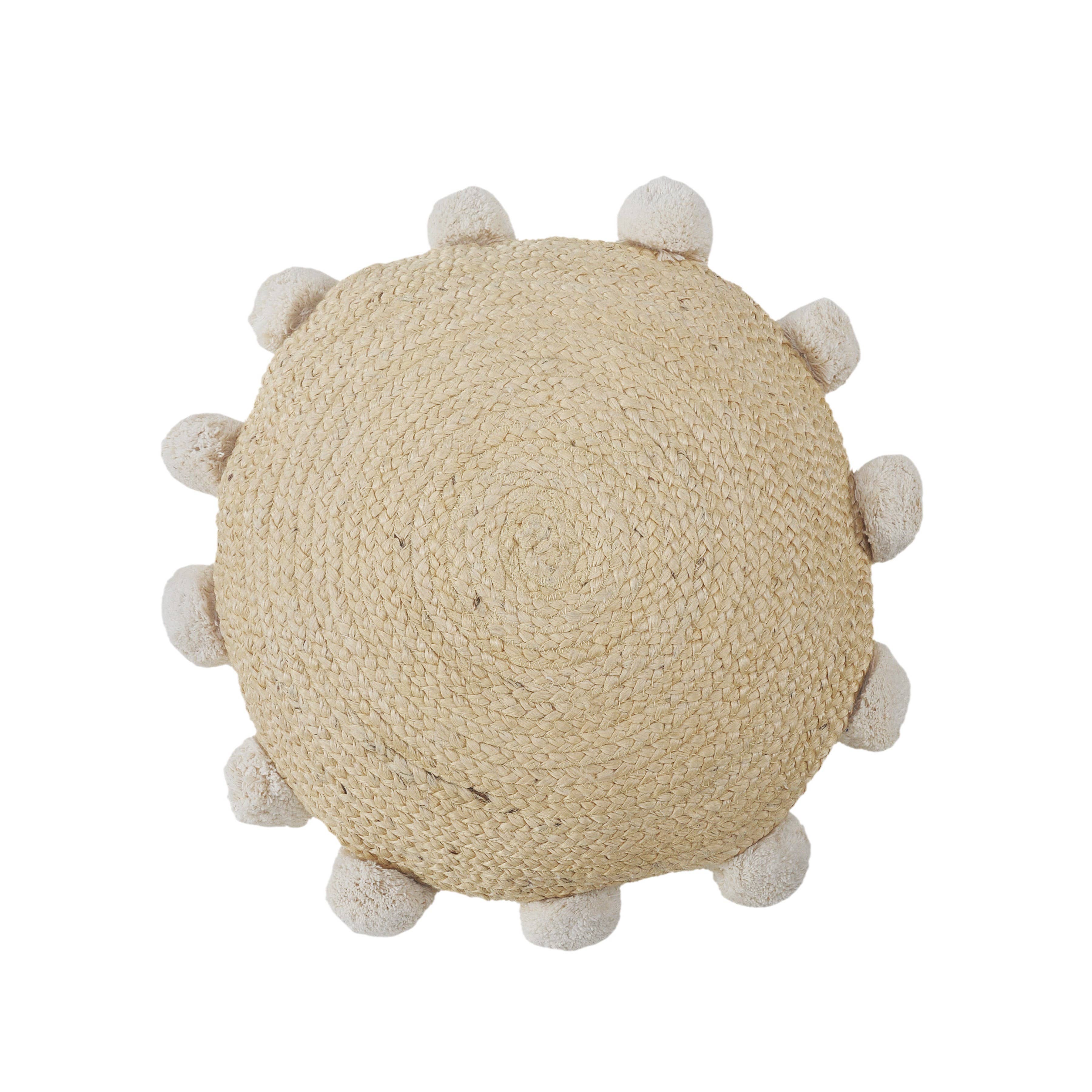 Tan Jute Accent Pillow with Pom-Pom Edging – Square or Round for wholesale on Faire5