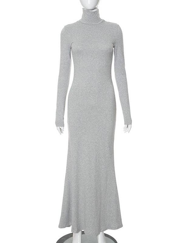 VividLux – wholesale Dress – Women's – Bodycon Long Sleeves Solid Color Split-Joint High Neck Maxi Dresses0