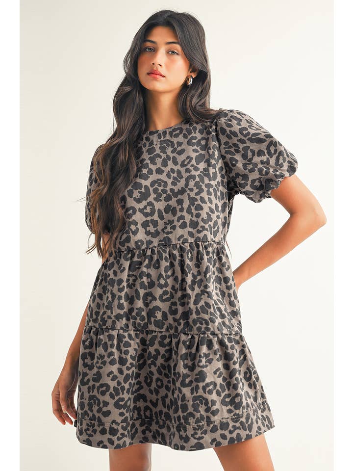 Brown LDC Denim Leopard Printed Short Sleeve Flared Mini Dress for wholesale on Faire