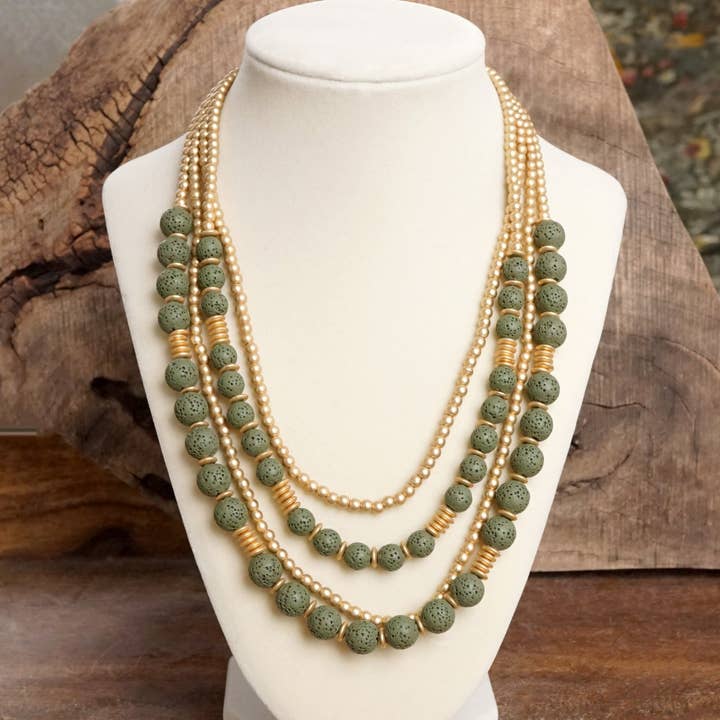 PennyLine inc - Wholesale Beaded/Pearl Necklace - Waterfall Multi Strand Statement Short Necklace Lava and Gold Beads1