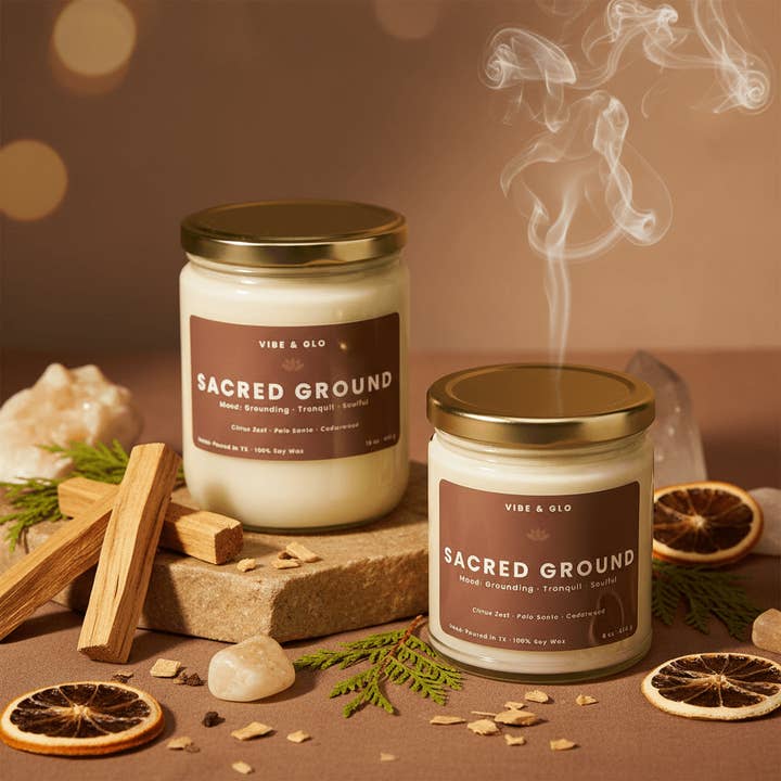 Sacred Ground – Palo Santo Wooden Wick Soy Candle for wholesale by Vibe & Glo Candle Studio