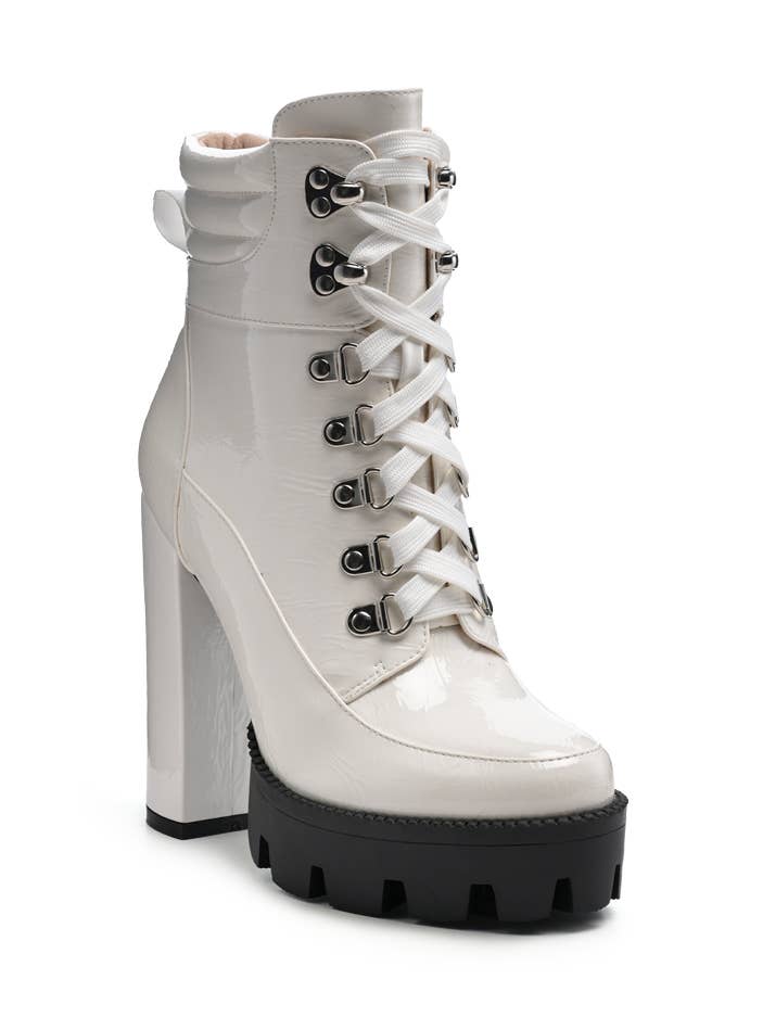 STOPPER HIGH BLOCK HEELED CUSHION COLLARED LACE-UP BOOT for wholesale by Rag Company