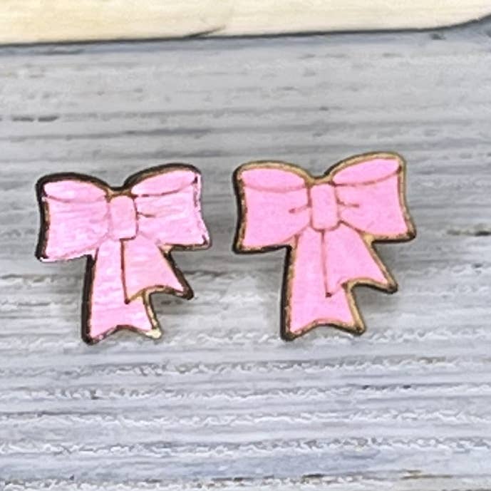 Pink Bows, Wood, Stud Earrings for wholesale by Traveling Sparrow