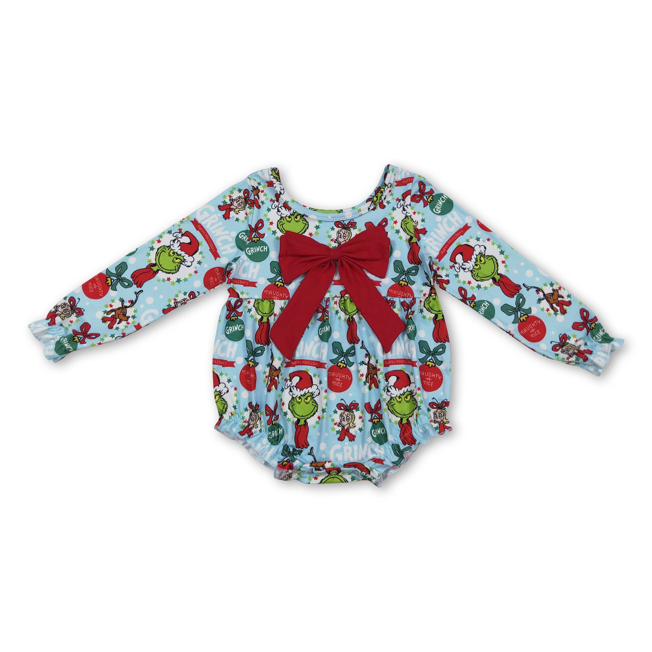 Yawoo Garments - Wholesale Dress - Kids - Red bow long sleeves green face ruffle girls Christmas dress1
