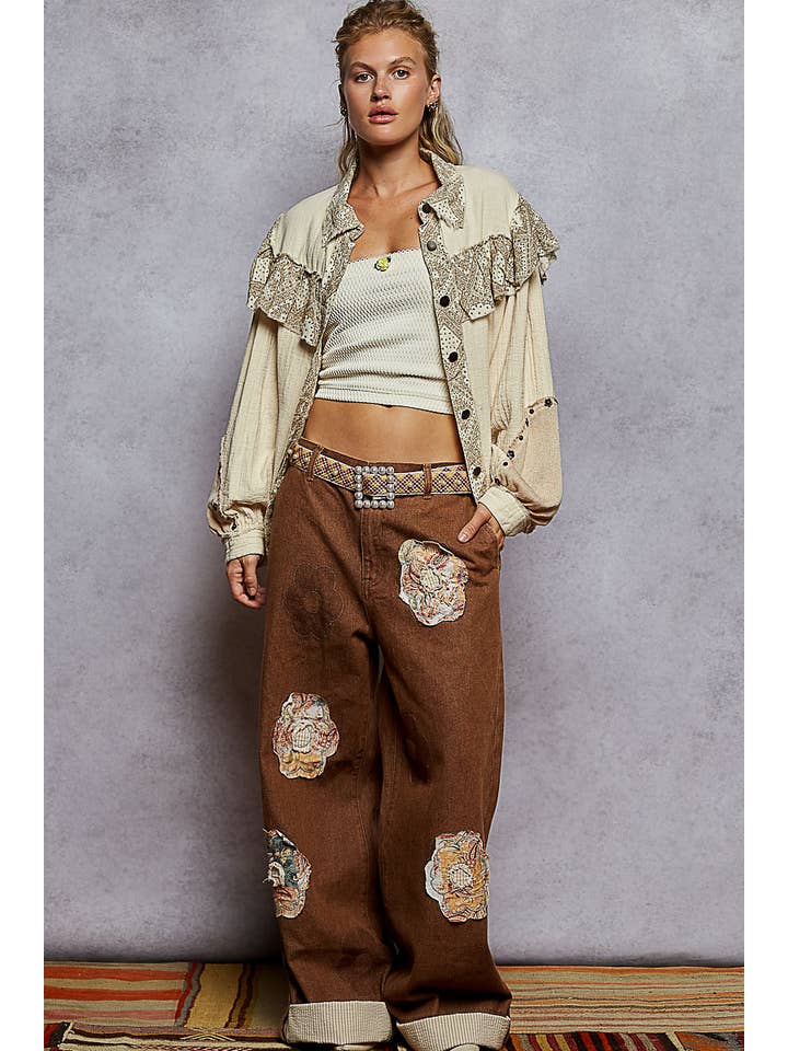 Pol Clothing - Wholesale Button Down Shirt - Women's - Balloon sleeve double gauze printed floral stud shirt SALE5