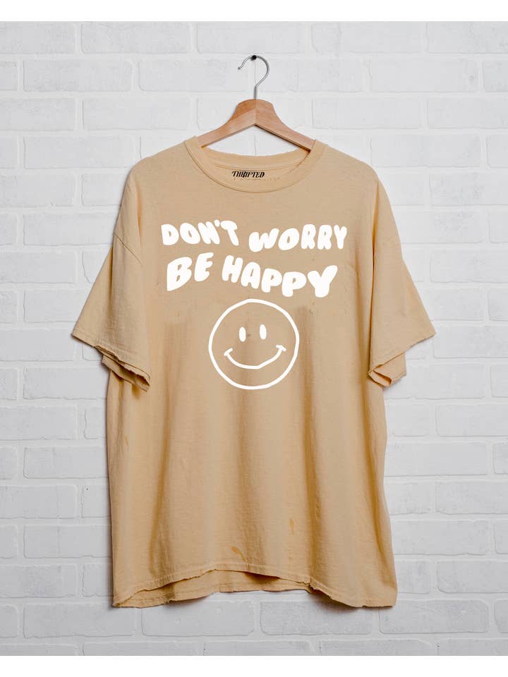 LivyLu - Wholesale Screen Printed T-Shirt - Unisex - Don't Worry Be Happy Puff Ink Yellow Thrifted Graphic Tee1