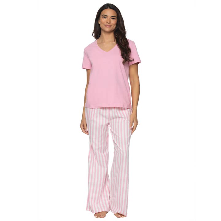 Mirielle Cotton Twill S/S V-neck and Pant PJ Set - Sea Pink for wholesale on Faire
