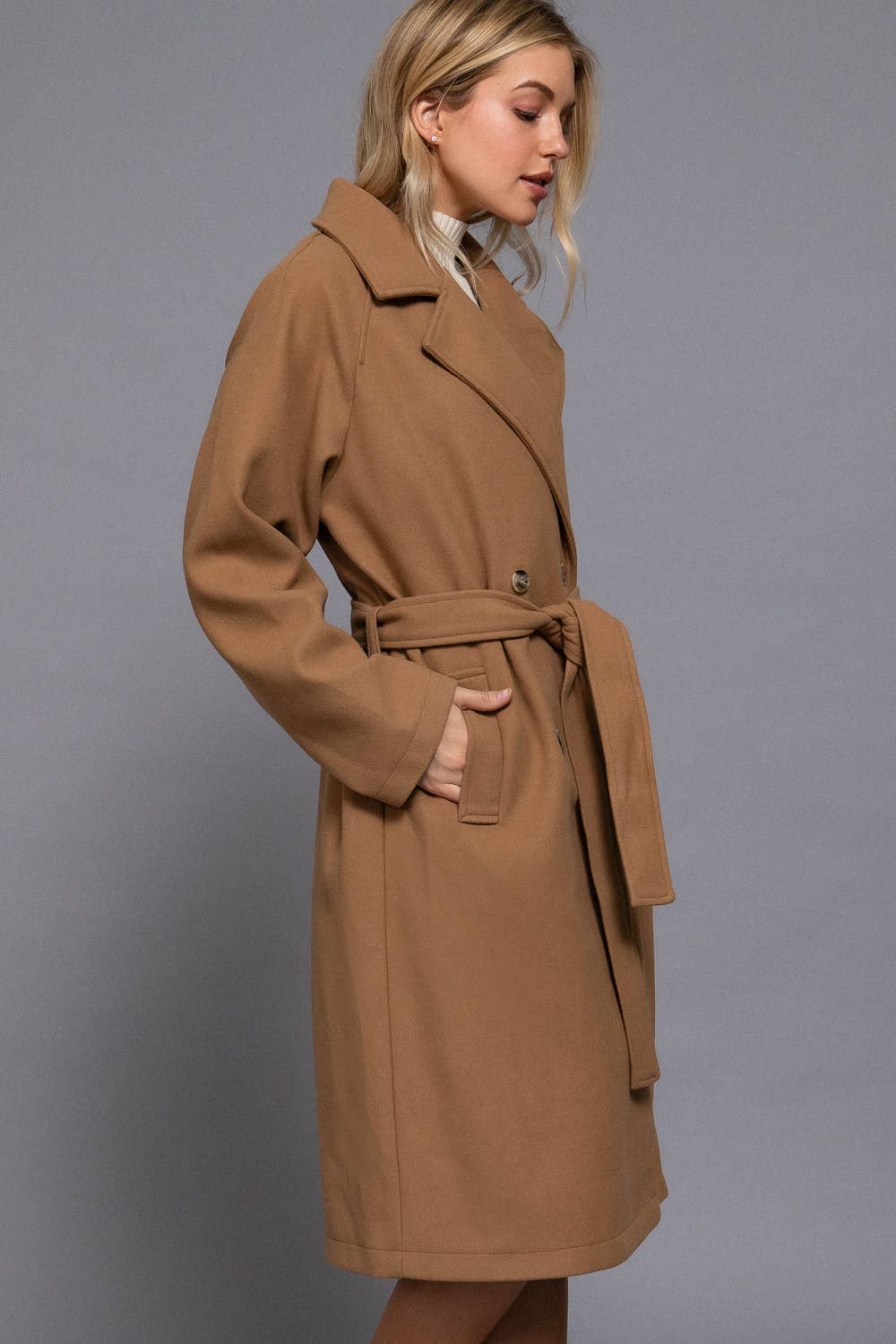 Active Basic | Active USA - Wholesale Trench Coat - Women's - Long Sleeve Double Breasted Button Soft Felt Trench Coat2