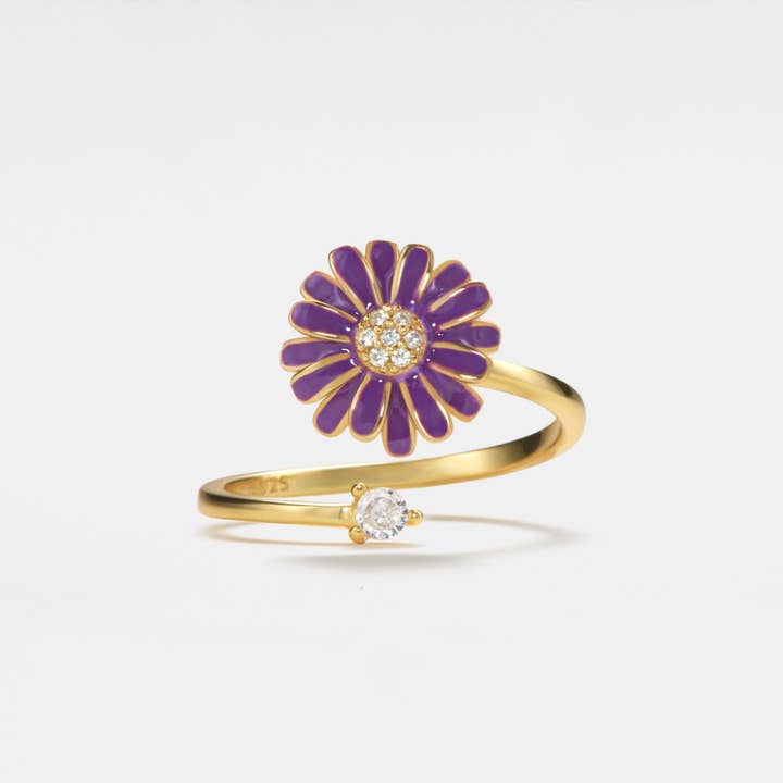 Perimade & Co. LLC - Wholesale Multi-Stone Ring - Purple Daisy Anxiety Fidget Spinner Ring in Sterling Silver