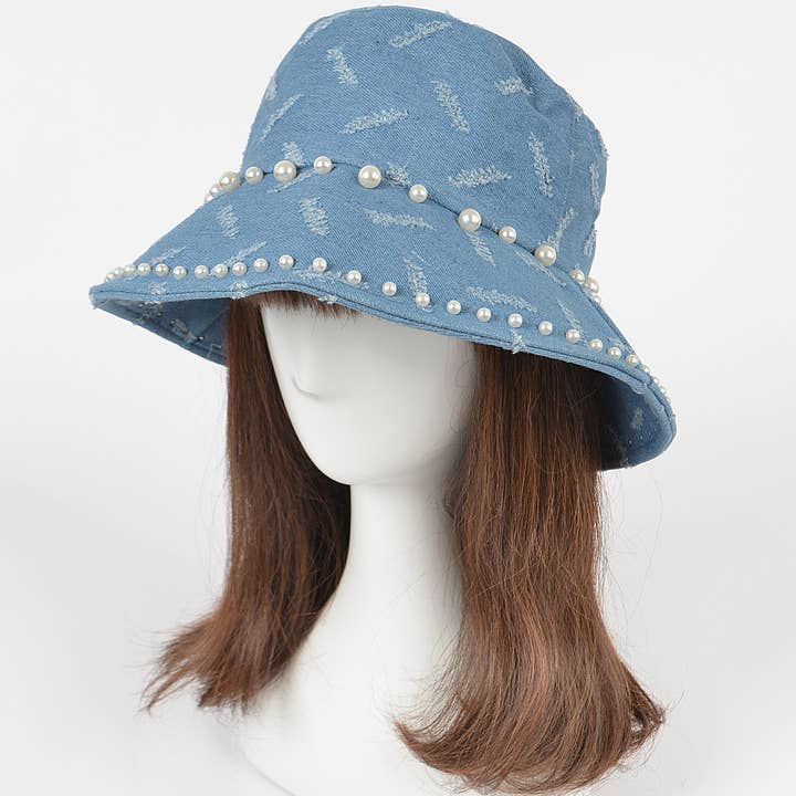 3AM BY H&D ACCESSORIES - Wholesale Bucket hat – Women's - Denim Bucket Hat W/imitation Pearl5