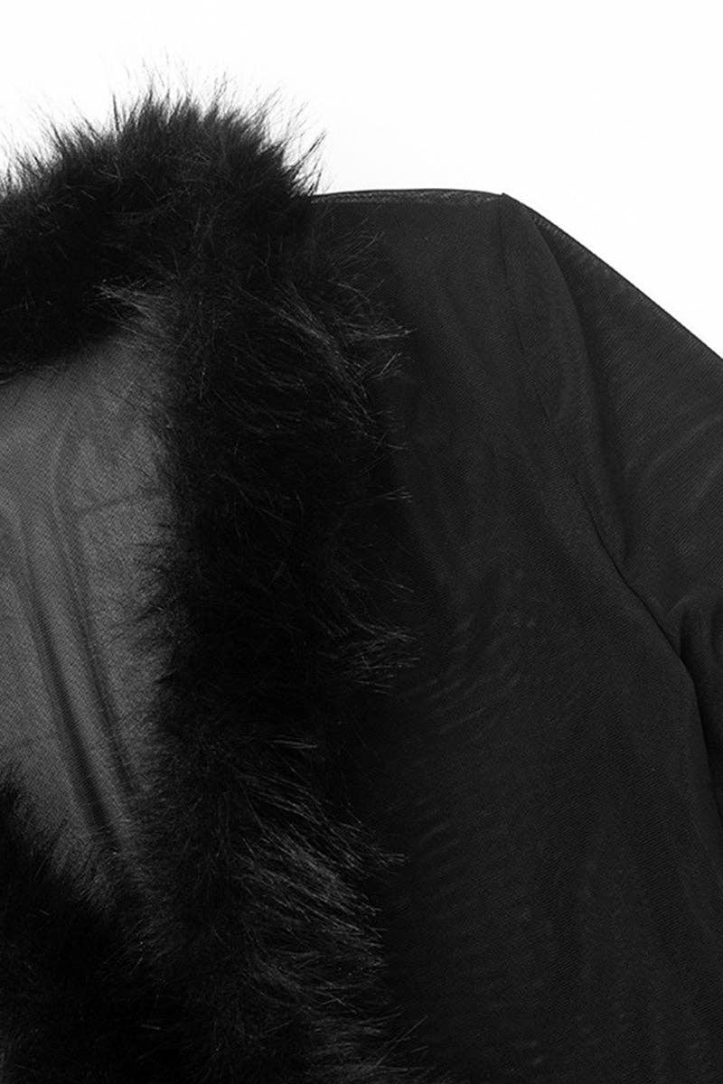 BLACK Faux Fur Trim Sheer Long Sleeve Blouse for wholesale on Faire7