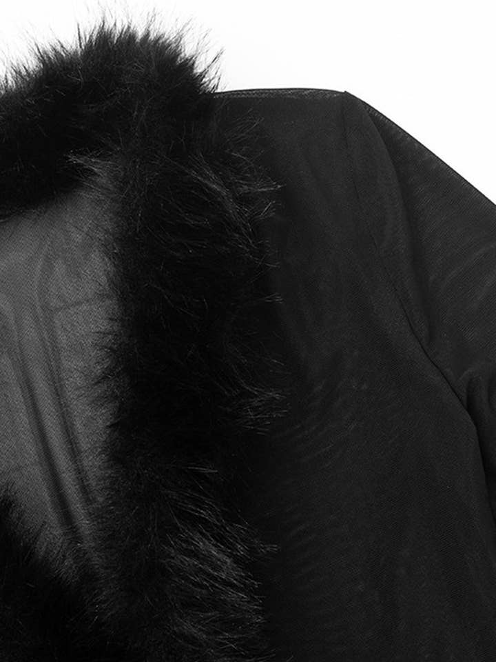 BLACK Faux Fur Trim Sheer Long Sleeve Blouse for wholesale on Faire7