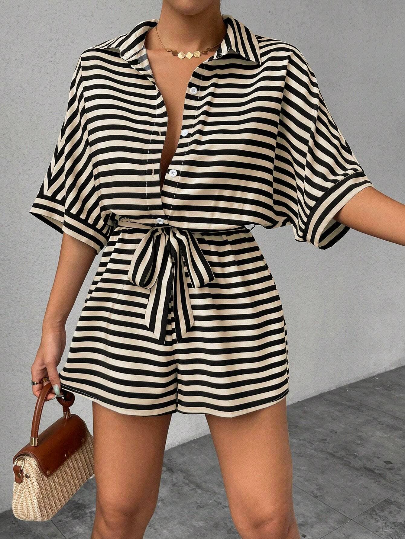 Lily Clothing - Wholesale Romper - Women's - Women’s striped buttoned cardigan romper9
