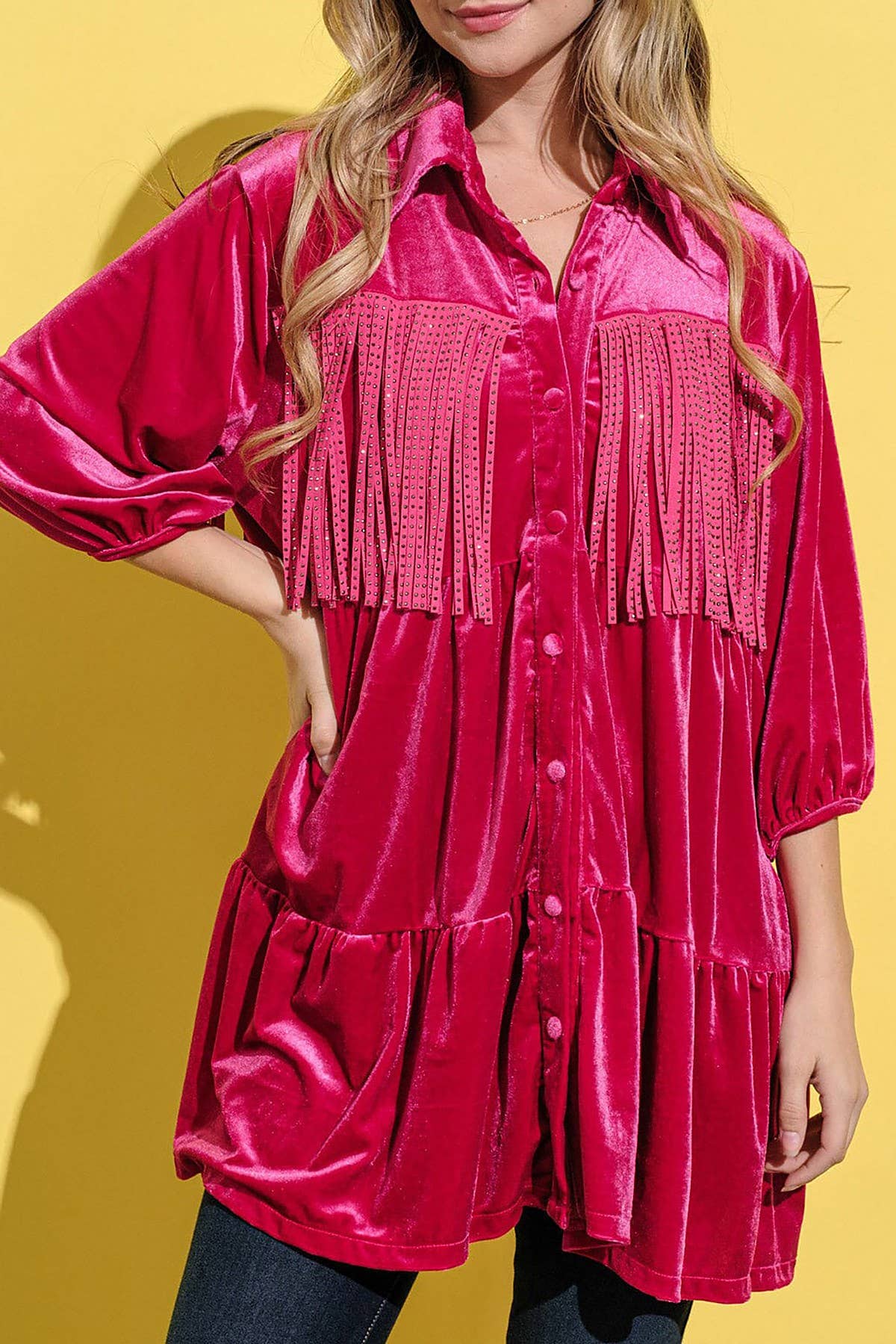 ROUSSEAU - Venta al por mayor Túnica - Mujer - TÚNICA DE TERCIOPELO SÓLIDO CON FLECOS Y MANGAS 3/4 ABOTONADA0