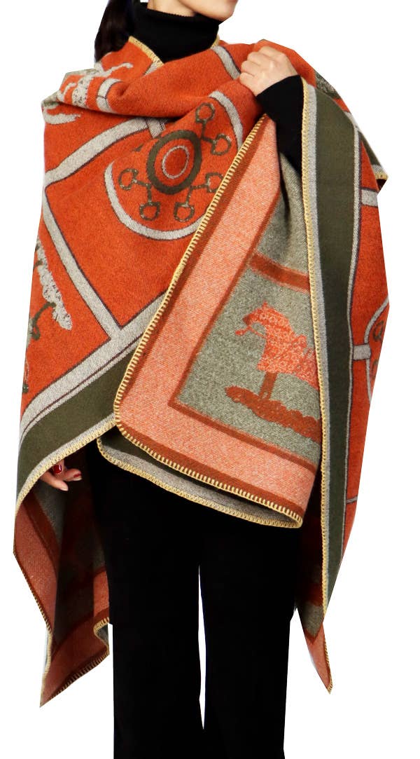 Winding River - Wholesale Wrap - Women's - Equestrian Orange Reversible Hands Free Blanket Loop Wrap