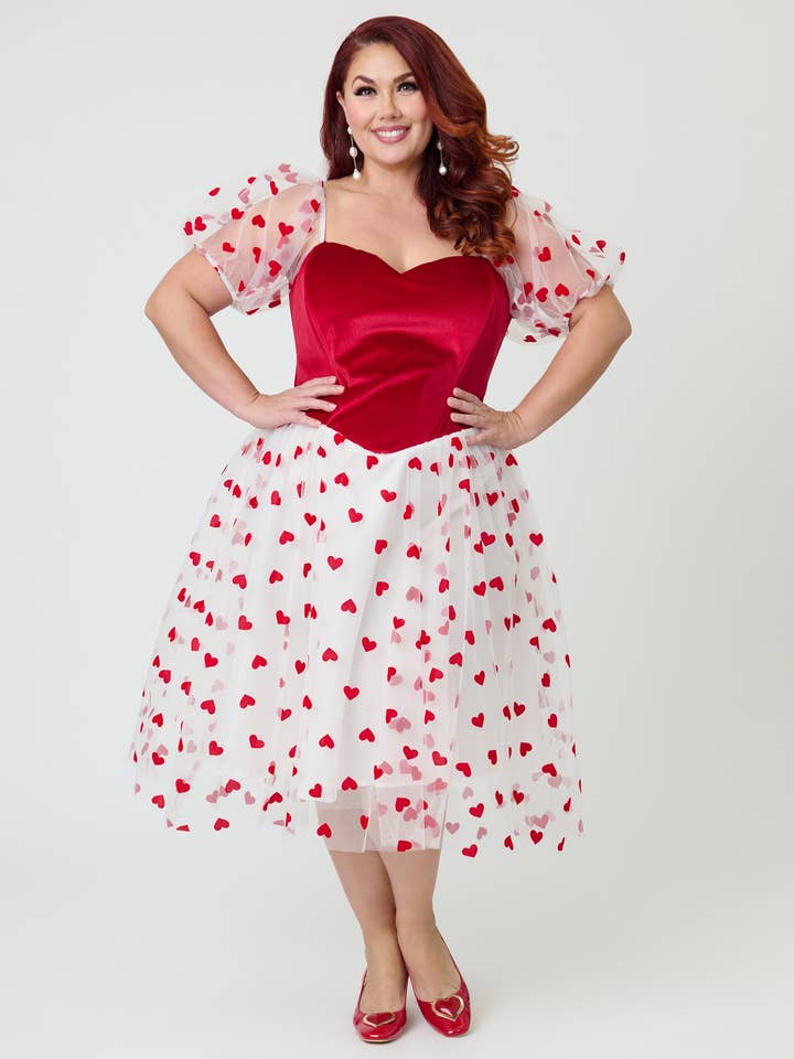 Preorder-Barbie x Unique Vintage Plus Size Red Hearts Loving You Swing Dress for wholesale by Unique Vintage