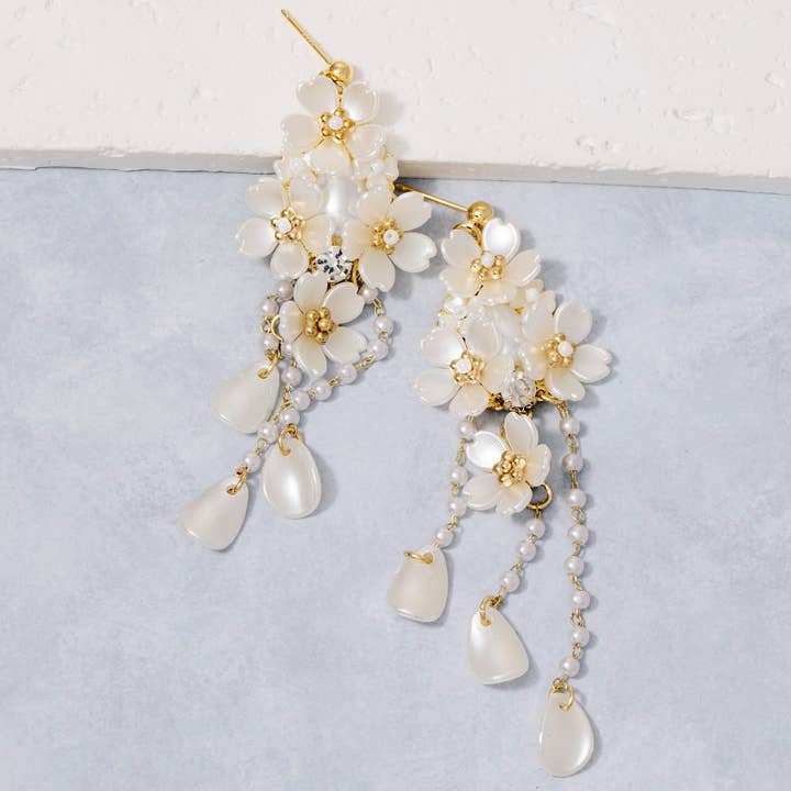 Acrylic Flowers And Pearls Dangle Earrings for wholesale by Fame Accessories