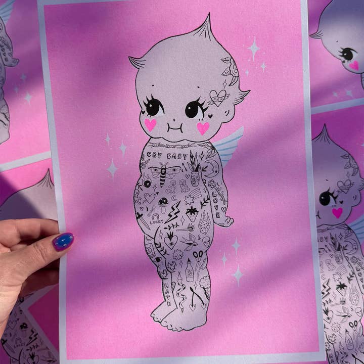 Amy Hastings - Wholesale Art print - Tattooed Kewpie A4 Risograph Print1