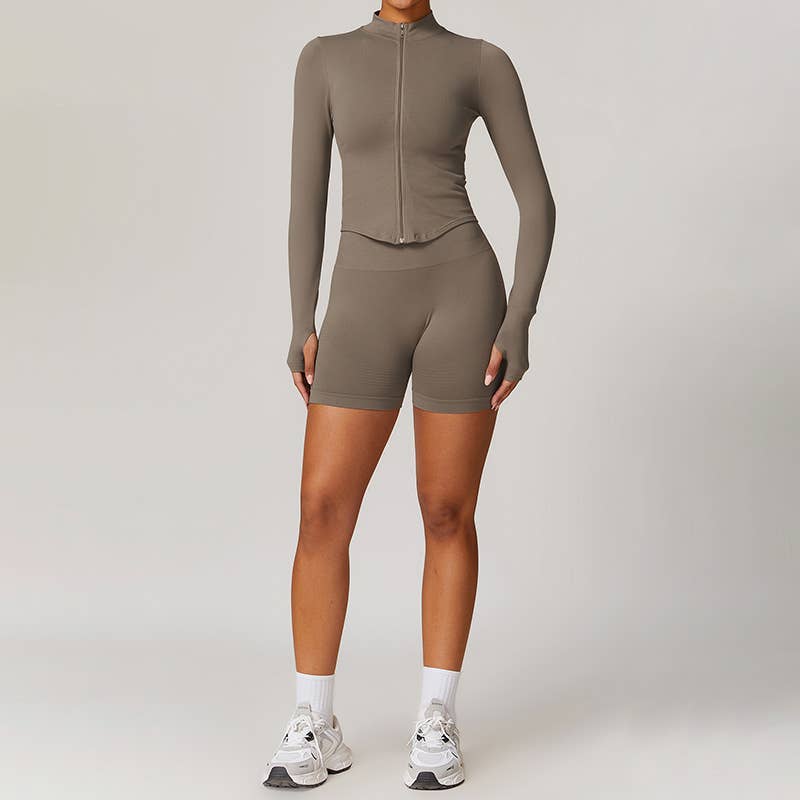 WONDERXFANS - Wholesale Activewear Set - Women's - Long Sleeve Full Zipper Jacket + Shorts 2-piece Set13