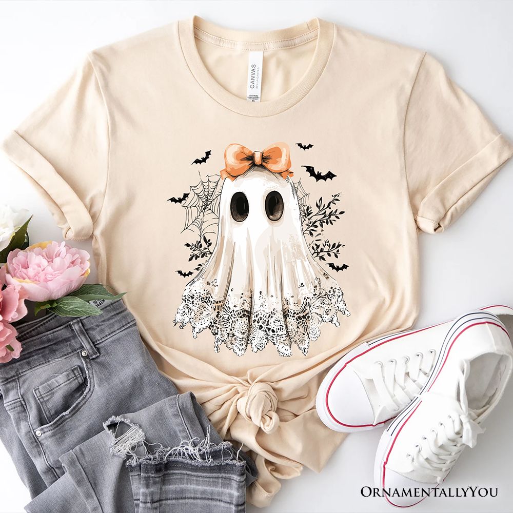 OrnamentallyYou - Wholesale Screen Printed T-Shirt - Women's - Coquette Ghost T-Shirt, Cute Halloween Tee for Girly Ghouls1