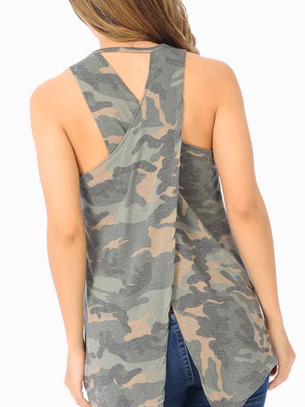 CAMOUFLAGE CROSS OPEN BACK SLEEVELESS TANK TOP for wholesale by Burgundy Apparel