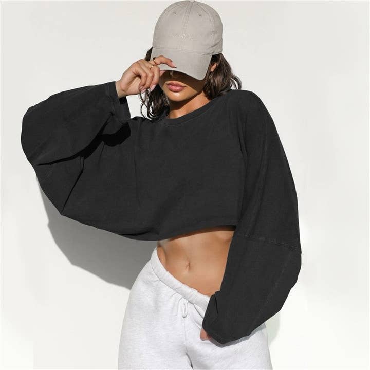 FurDecoration - Wholesale Sweatshirt - Women's - Crop Round Neck Solid Color Sweatshirt6