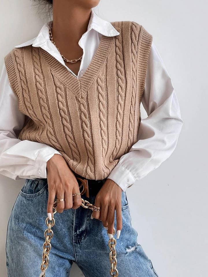 NINEXIS - Wholesale Outerwear Vest - Women's - CWOV0577_V-NECK SOLID COLOR CABLE KNIT SWEATER VEST