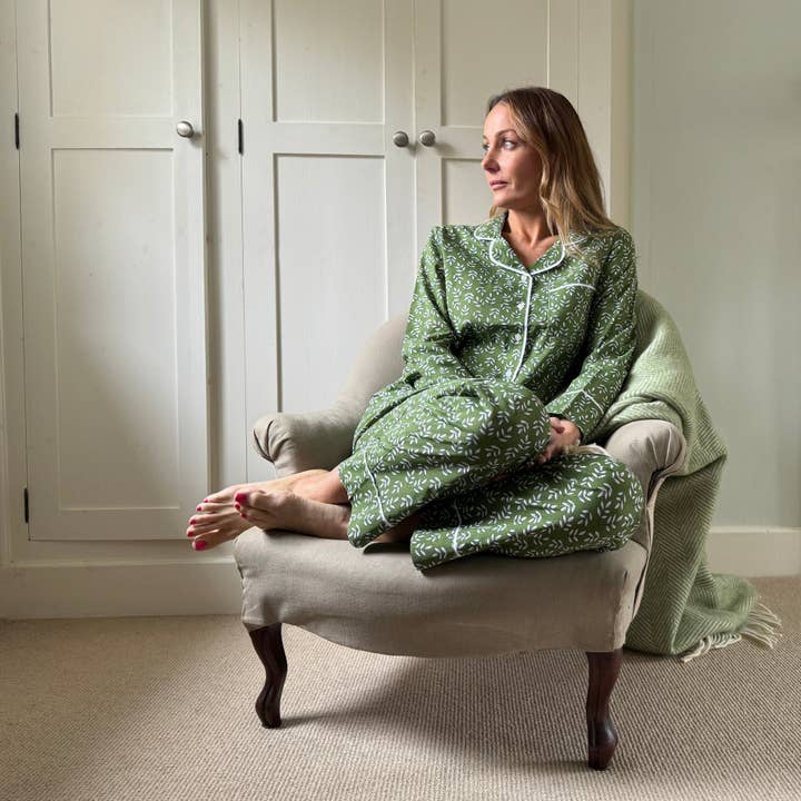 Green Falling Leaf Cotton Pyjamas for wholesale by Lime Tree Design