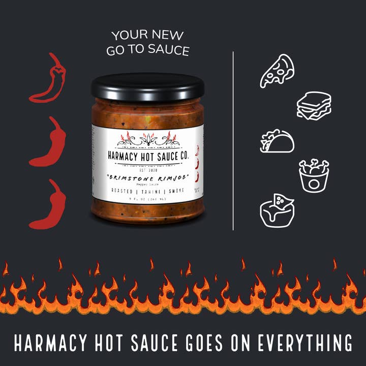 Harmacy Hot Sauce Co. - Wholesale Hot Sauce - "Brimstone Rimjob" Tahini & Roasted Red Pepper Sauce, 9oz