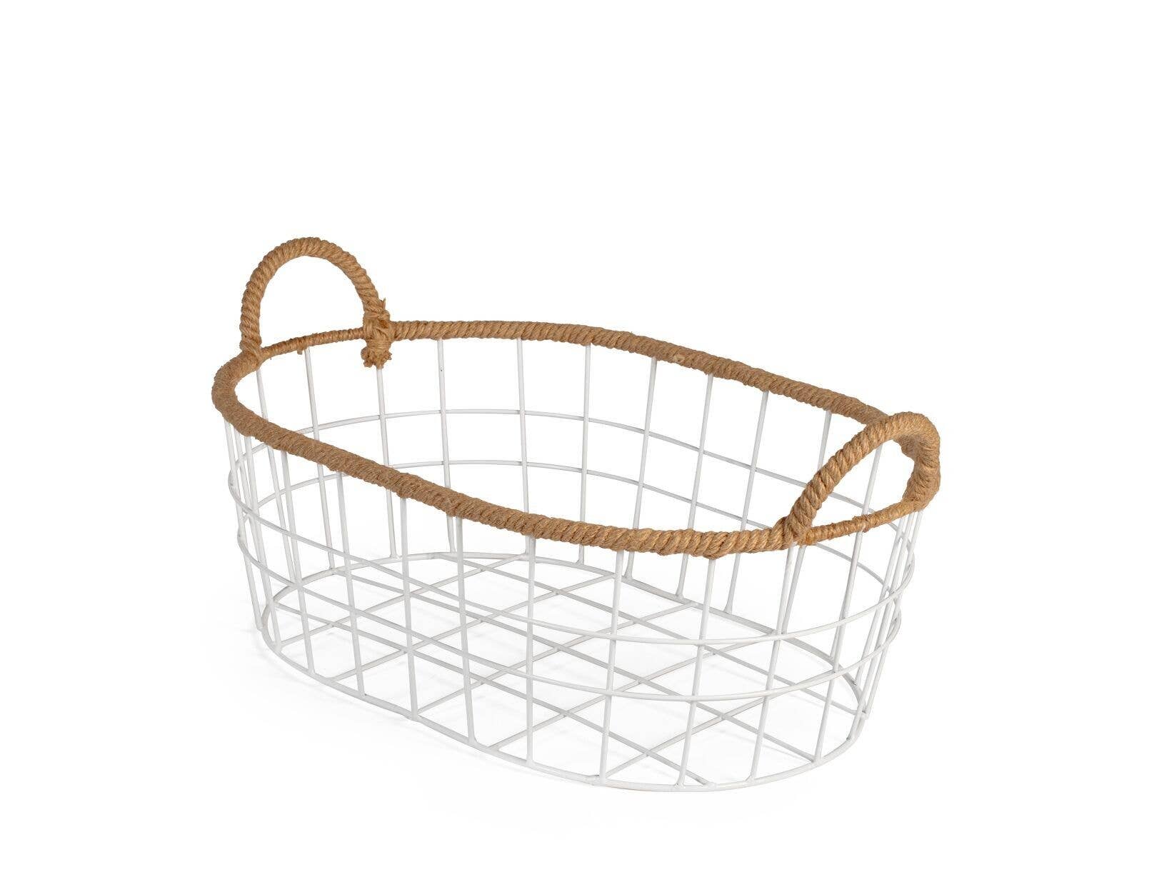 H&H – Großhandel Korb – Set mit 3 ovalen Körben aus weißem Eisen mit Jutebesatz, 33/37/42 cm1