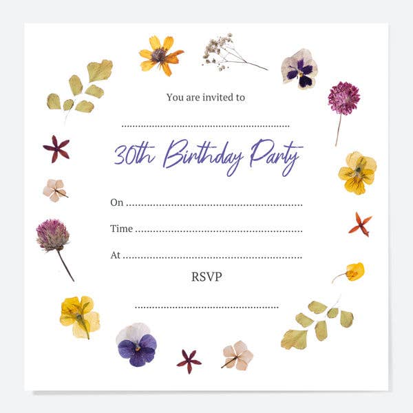 30th Birthday Invitations - Pressed Flowers - Pack of 10 for wholesale by Dotty About Paper