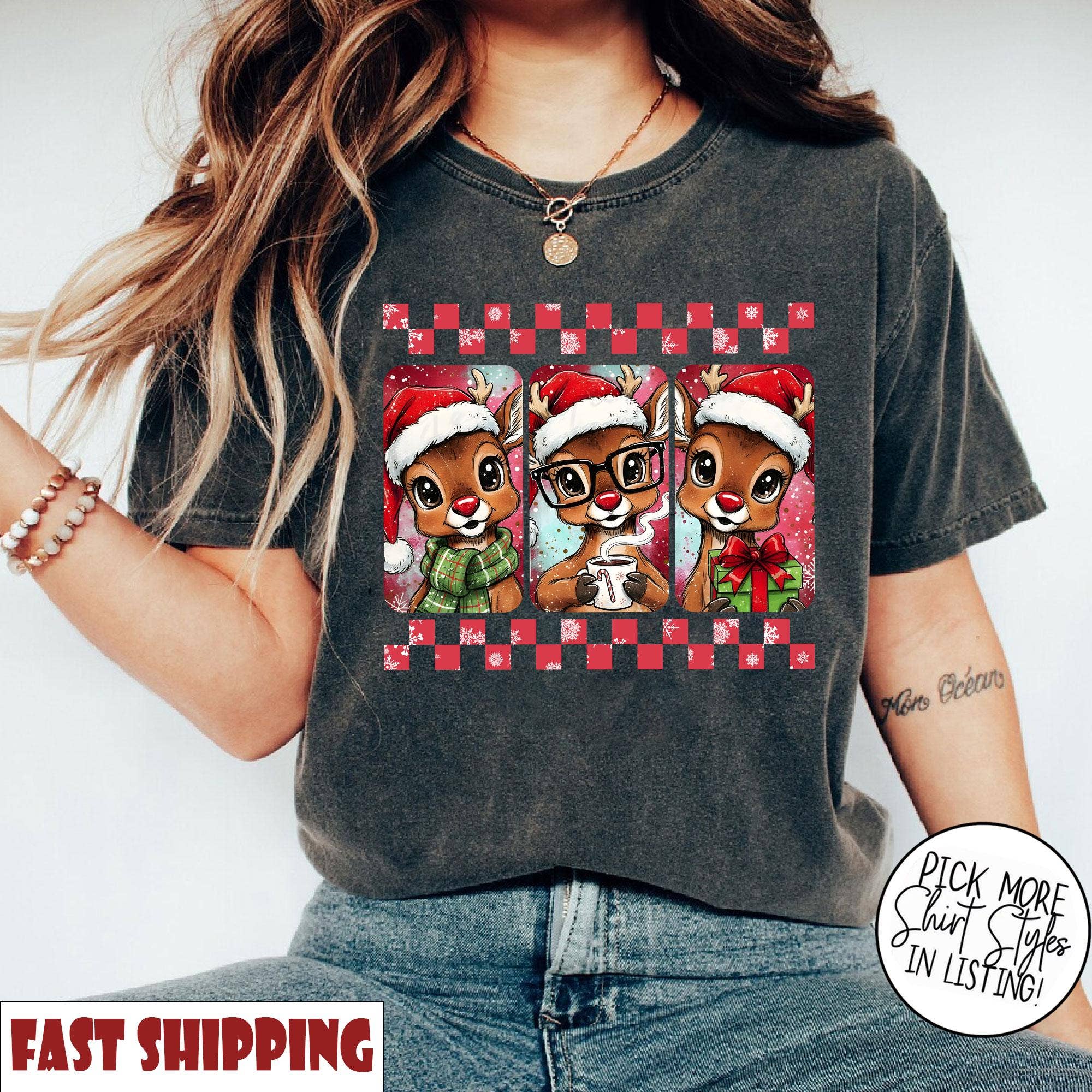 Glaime - Wholesale T-Shirt (Graphic) - Women's - Comfort Colors Xmas Reindeer Shirt, Preppy Reindeer Sweater1