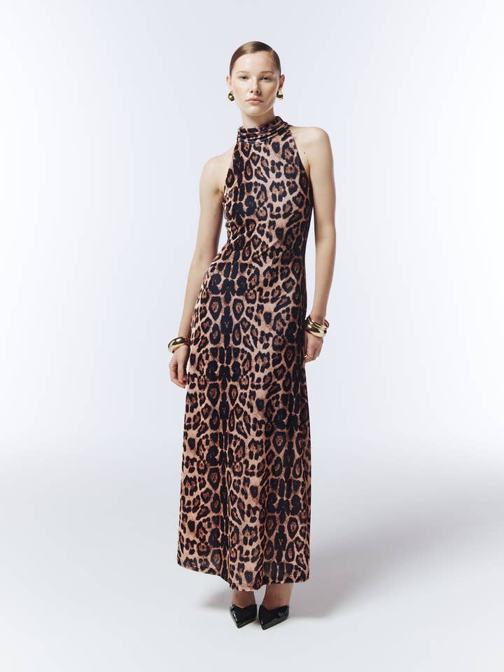 Halterneck Leopard Velvet Maxi Dress in Warm Caramel Brown for wholesale by SOUR FIGS LONDON
