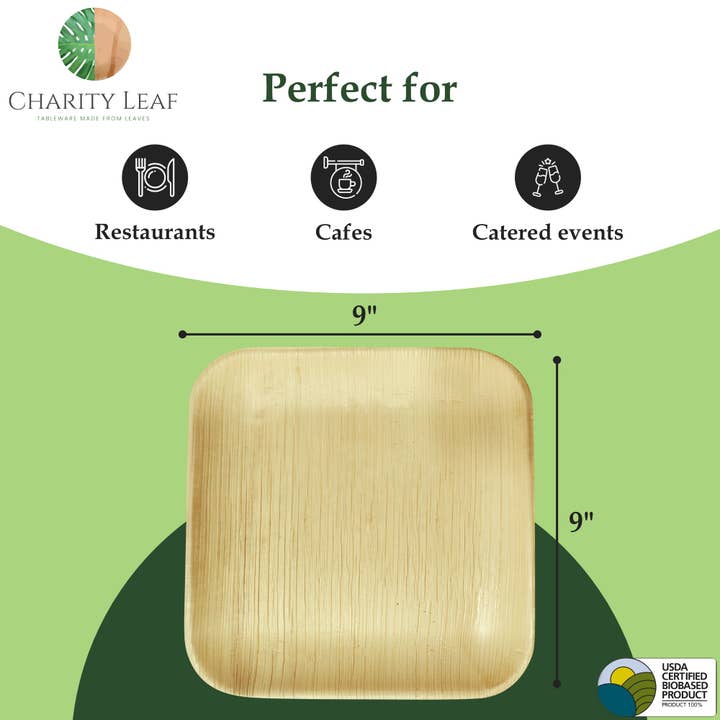 Charity Leaf - Wholesale Disposable plate - Palm Leaf Square Plate - 9" Inch - Pack of 50 Plates3
