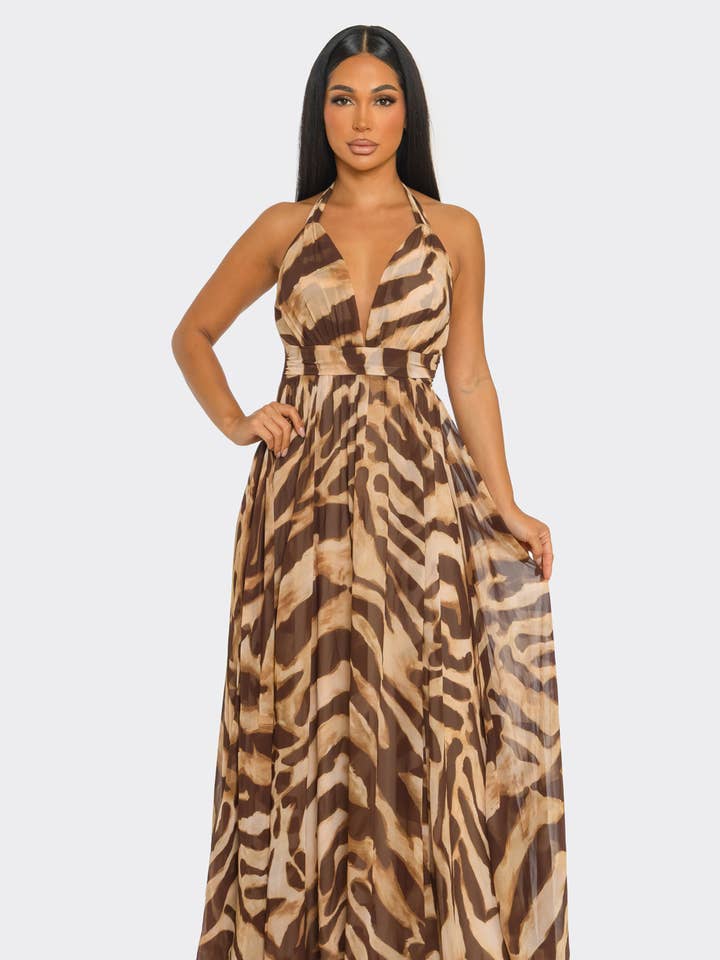HD72561 & TIE-BACK & HALTER NECK LEOPARD PRINT MAXI DRESS for wholesale by BANJUL