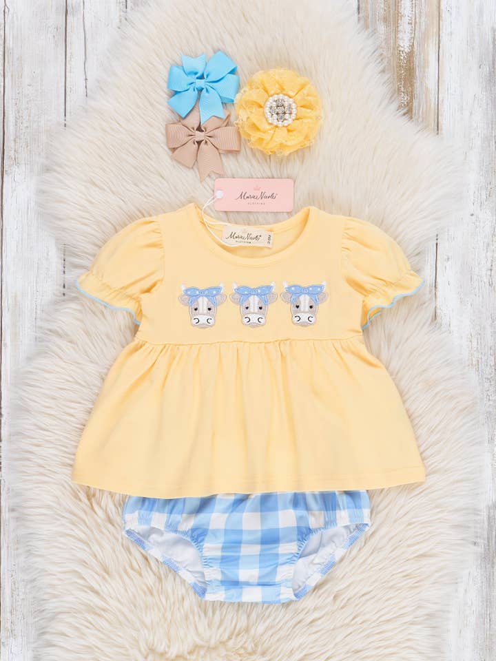 Marie Nicole Clothing - Wholesale Top & Short Set - Kids - Embroidered Cows Gingham Bloomers Outfit