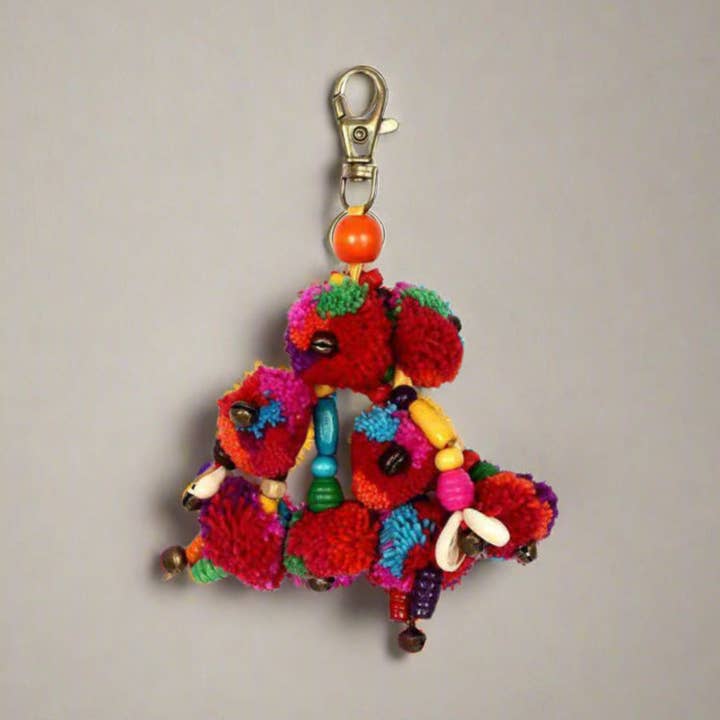 Lumily - Wholesale Keychain - Women's - Pom Pom Zipper Pull with Wood Beads and Shells | Handmade Keychain | Thailand0