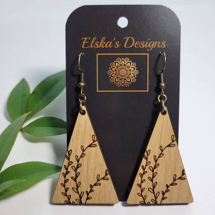 Natural Triangle Foliage Wood Earring for wholesale by Elskas Designs