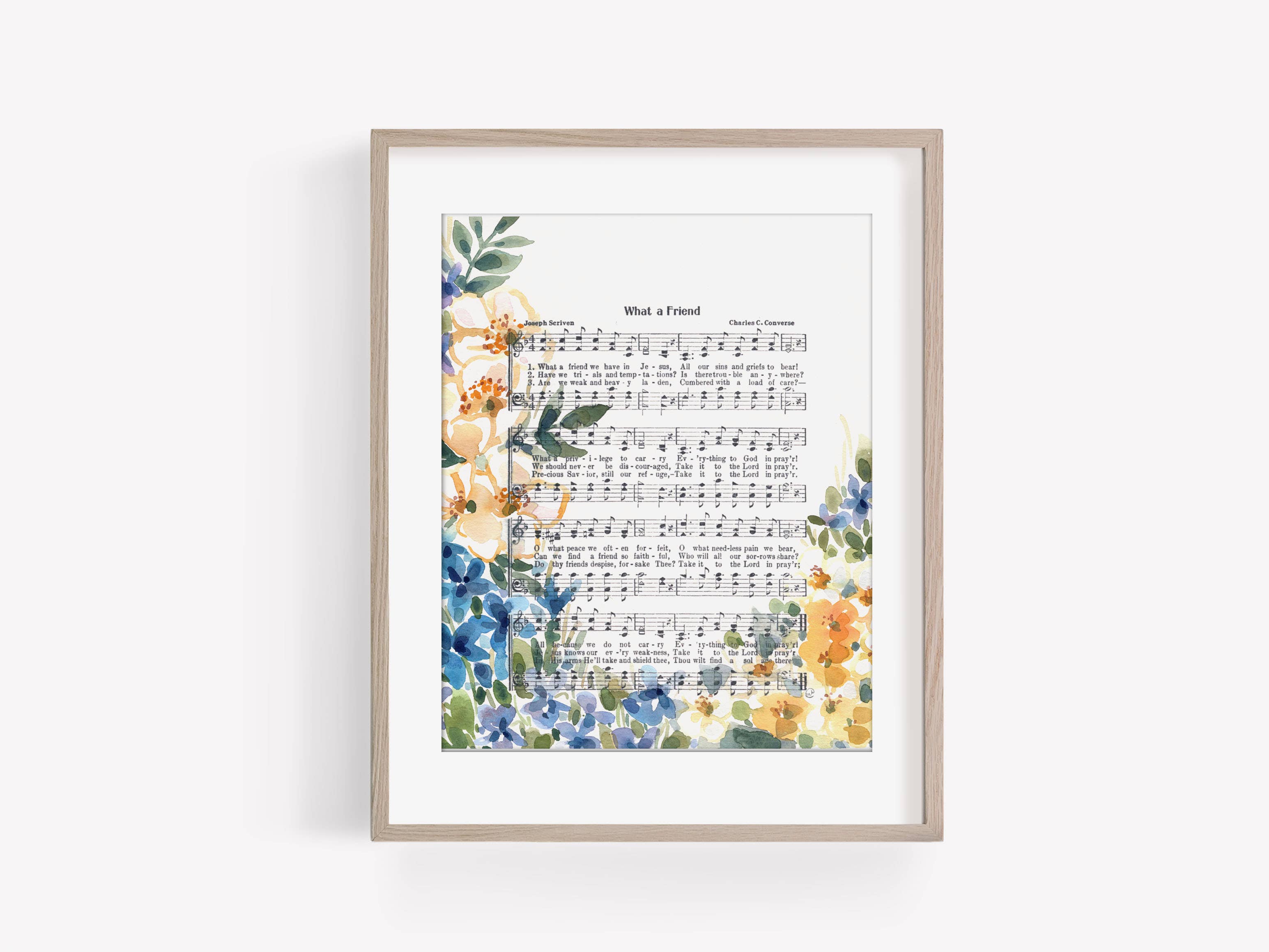 Marydean Draws - Wholesale Art Print - "What a Friend" Blue and Yellow Floral Hymn Print1